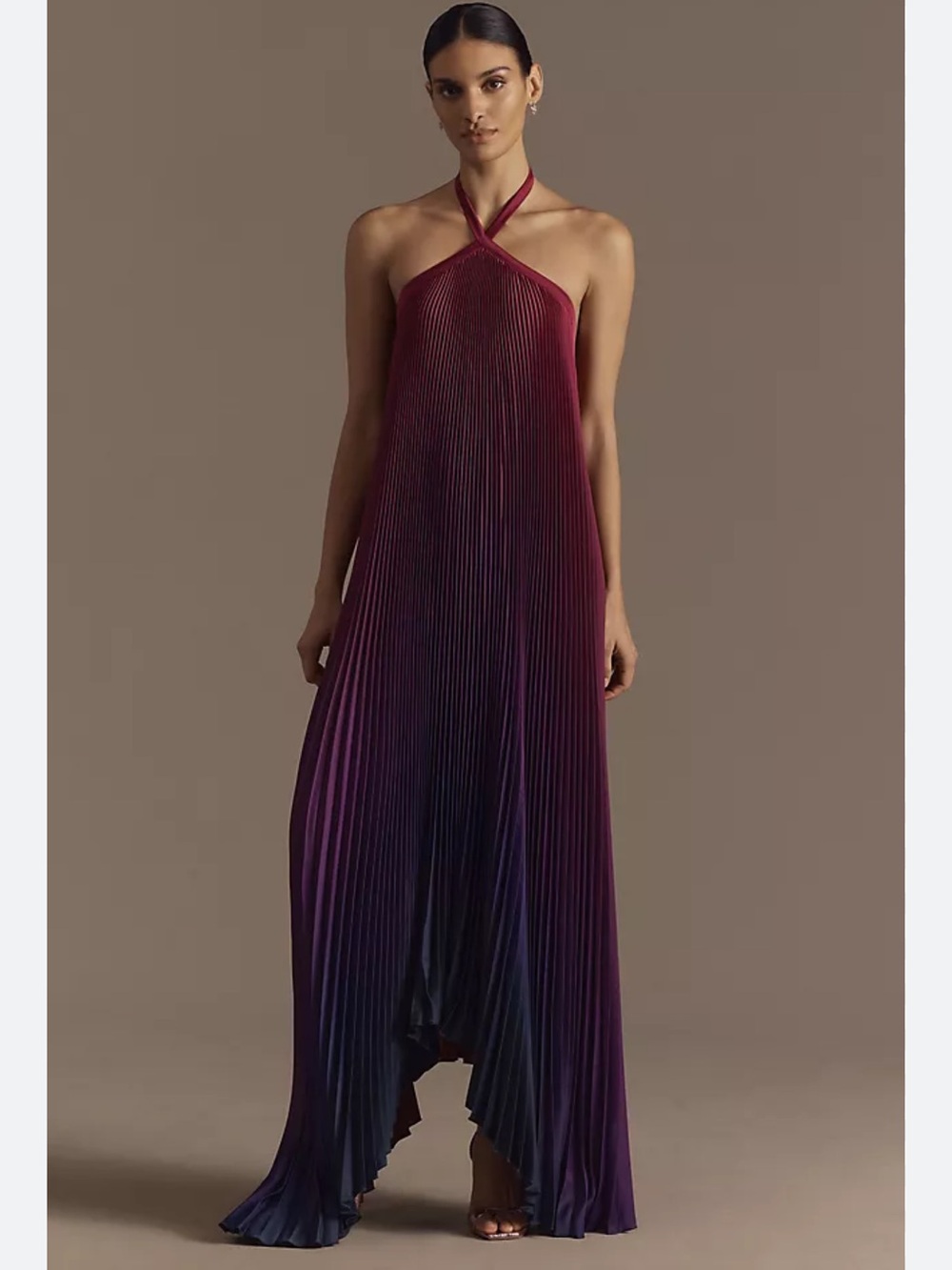 Halter Neck Ombre Pleated Maxi Dress - Burgundy to Navy
